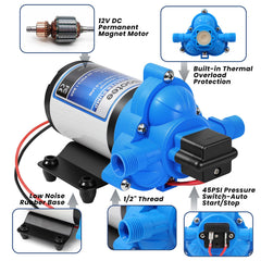 Bootee 12V RV water pump close‑up on 45 PSI automatic switch.