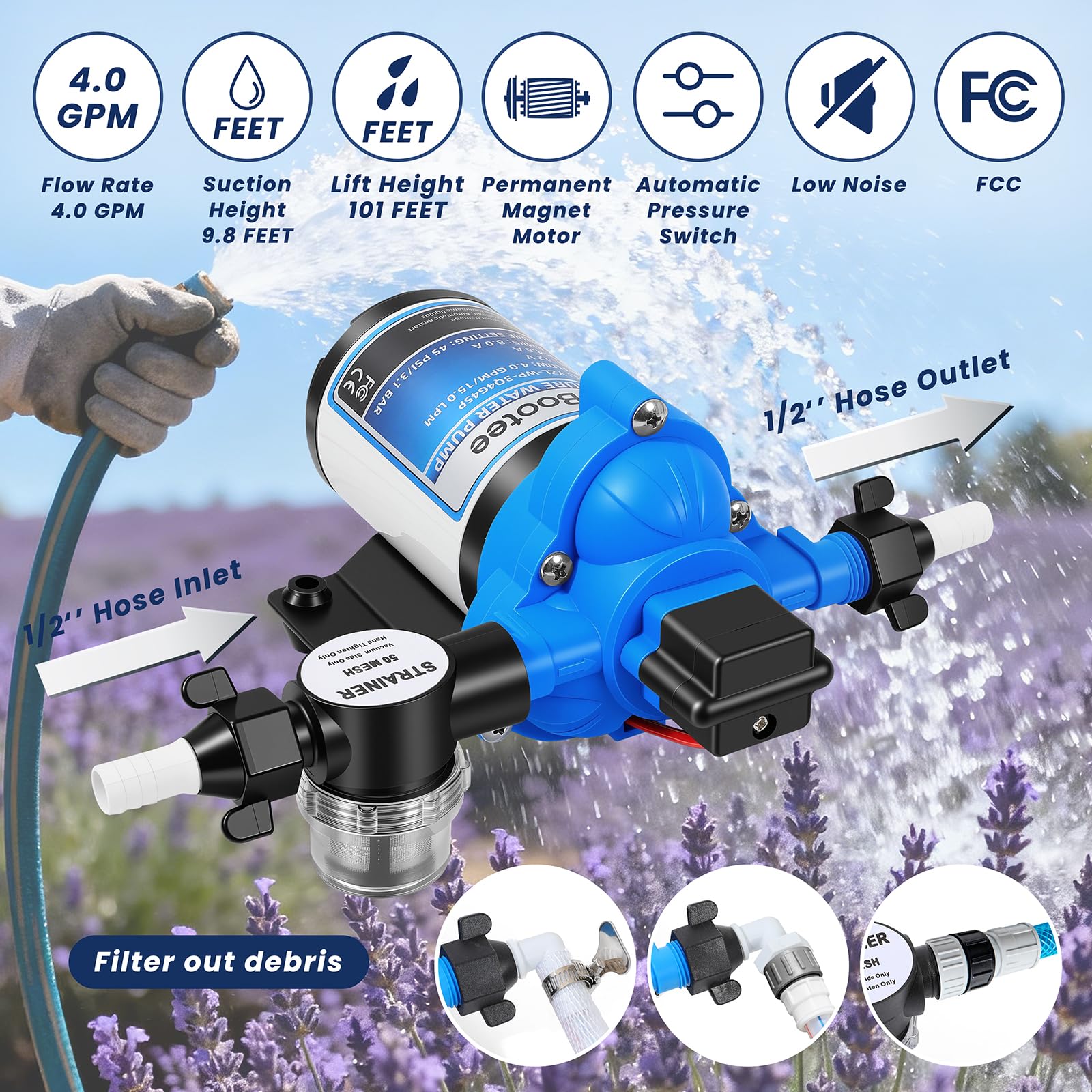 Bootee 12V water pump suction lift demo up to 101 feet.