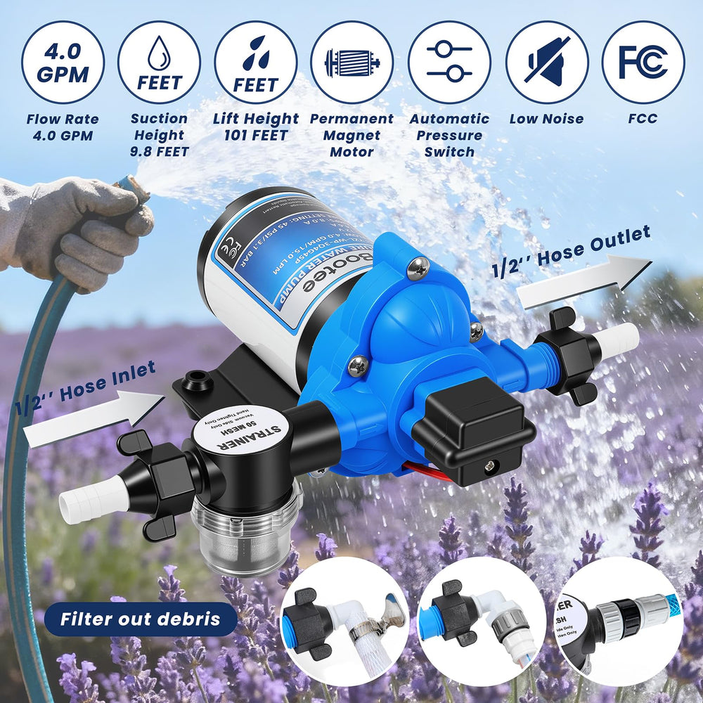 Bootee 12V water pump suction lift demo up to 101 feet.