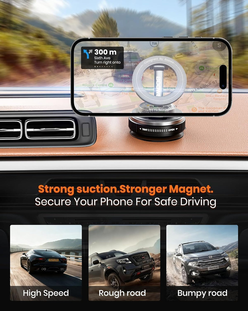 Boowe mirror mount in car interior for versatile placement benefit