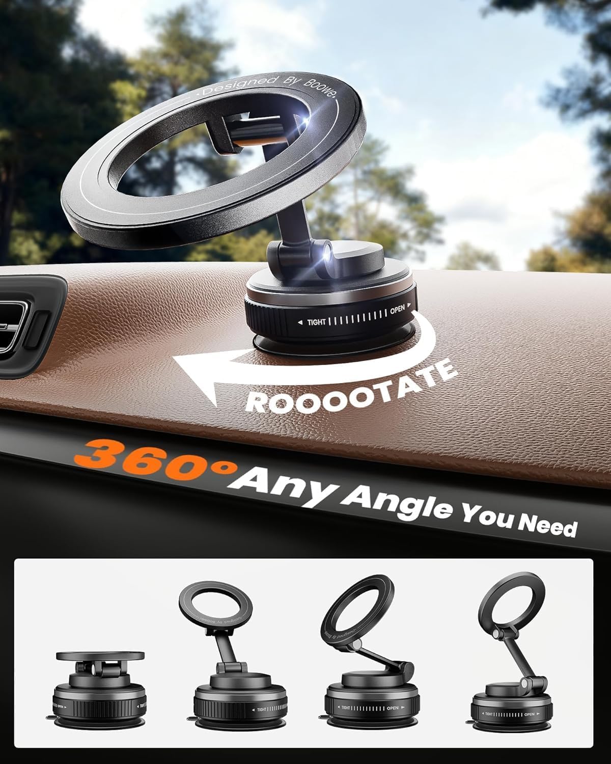 Boowe adjustable arm detail showing 360° positioning advantage