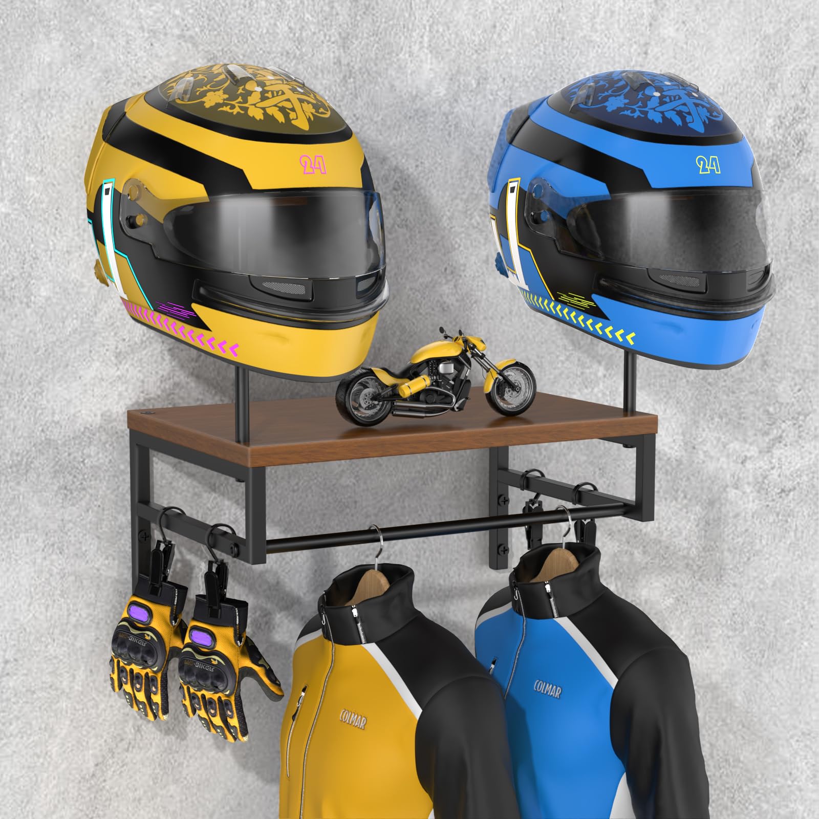 BORISI helmet holder wall mount demonstrates 4-in-1 space-saving design for motorcycle gear.