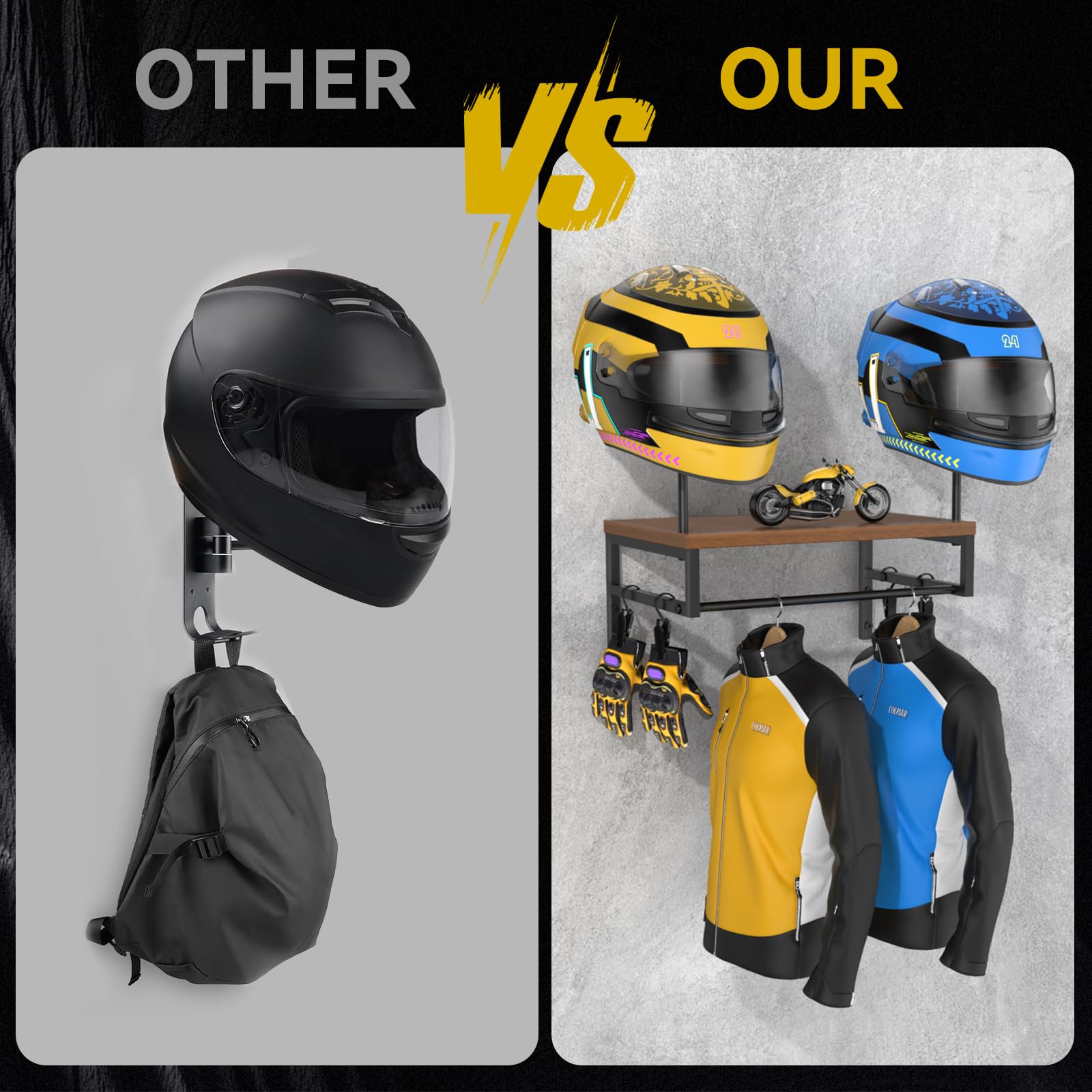 BORISI helmet holder wall mount shows wood and iron construction for durability and style.
