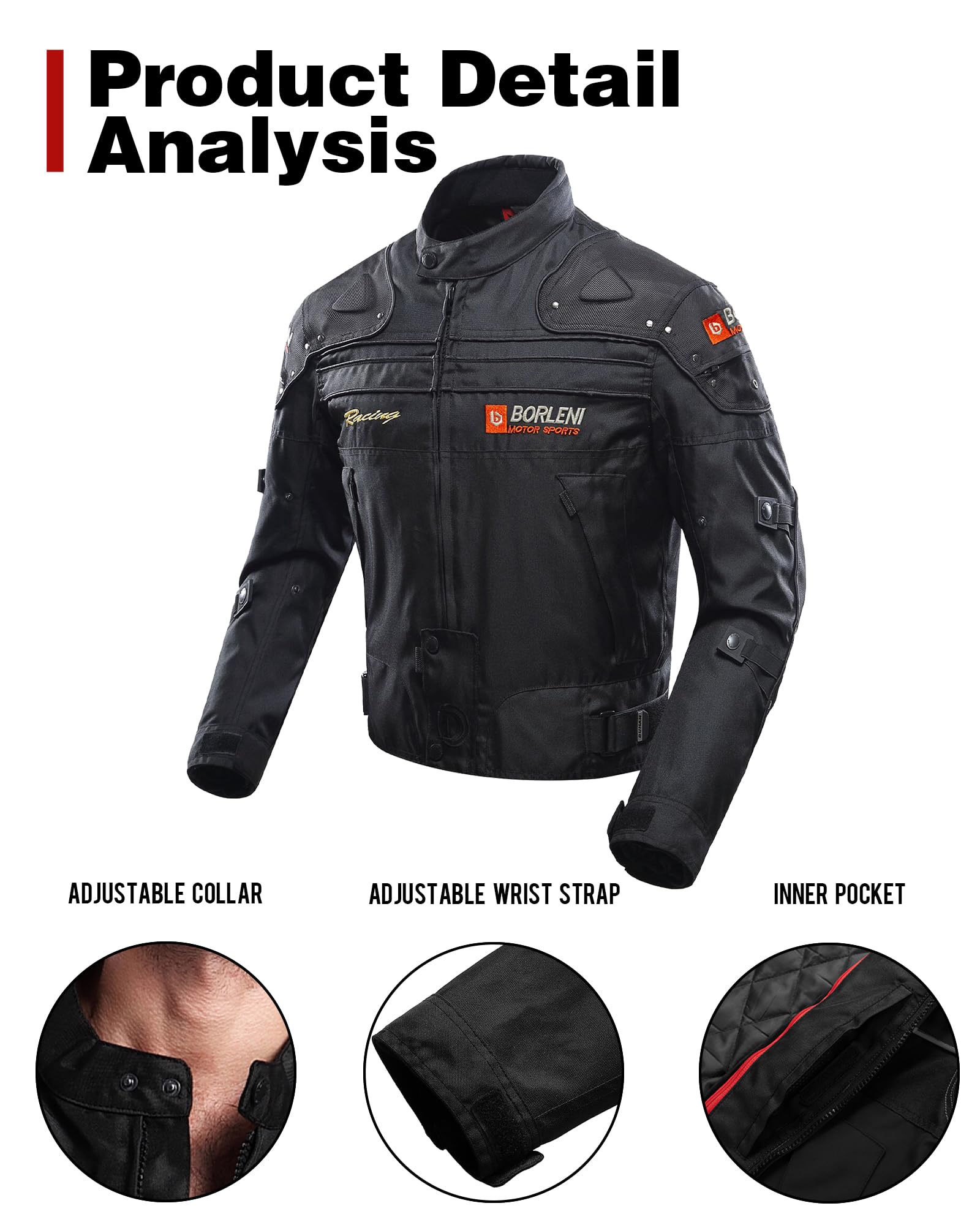 BORLENI jacket with adjustable cuffs, collar, and hem for a secure, flexible fit.
