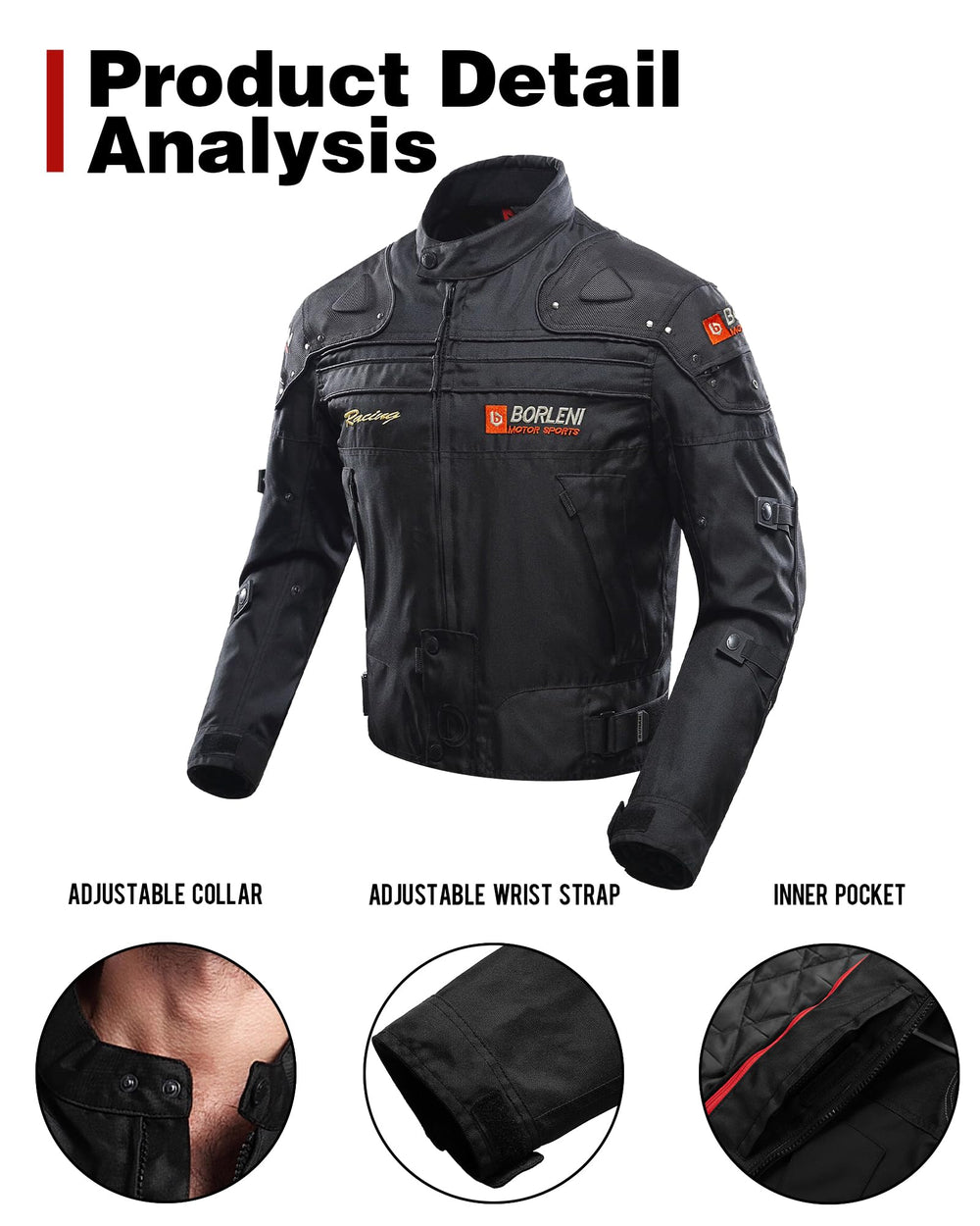 BORLENI jacket with adjustable cuffs, collar, and hem for a secure, flexible fit.