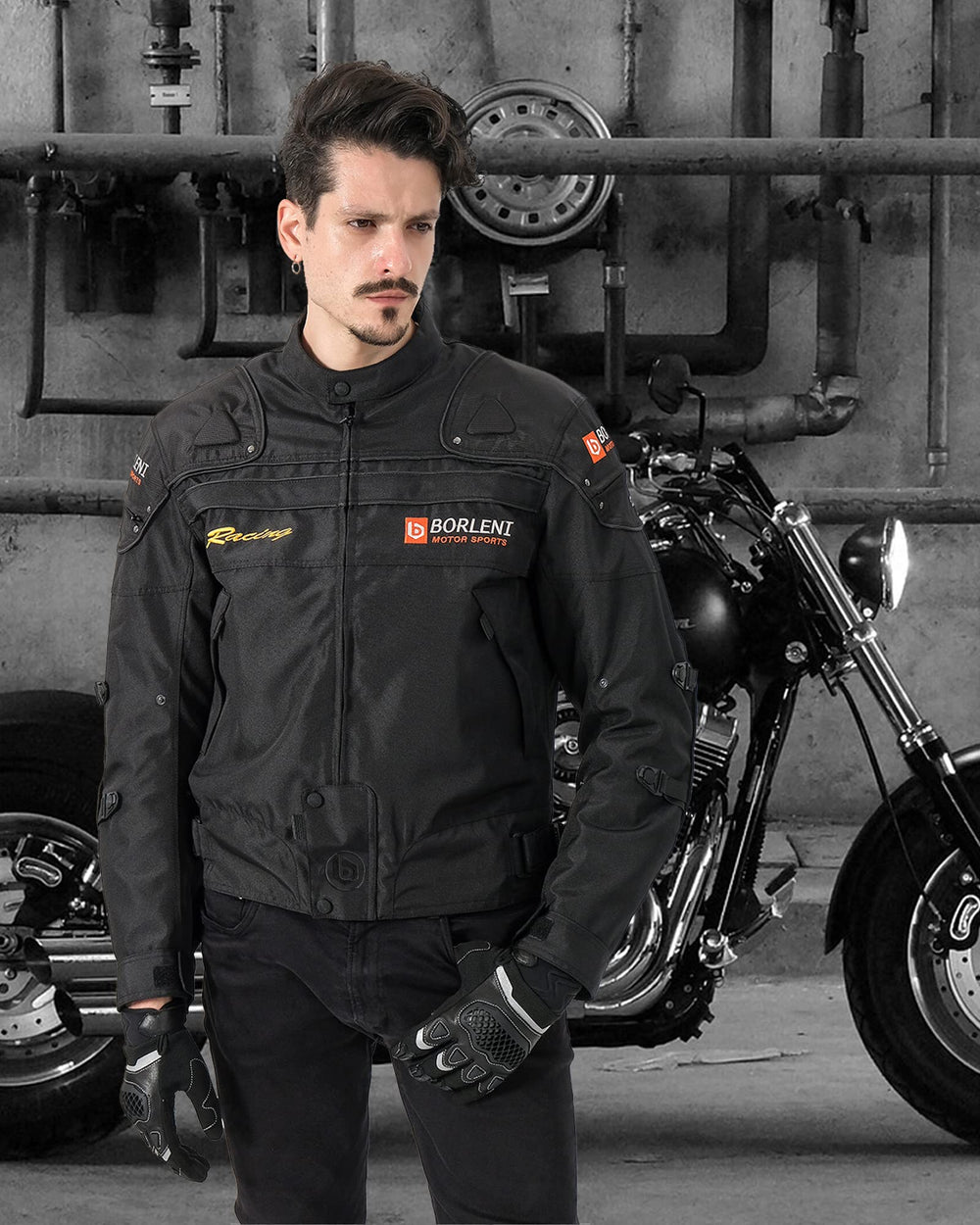 BORLENI motorcycle jacket back view with reflective strip for night visibility.