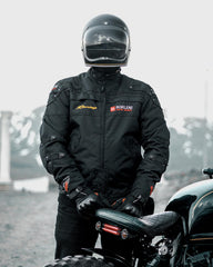 BORLENI motorcycle jacket back view highlighting reflective strip for night visibility.
