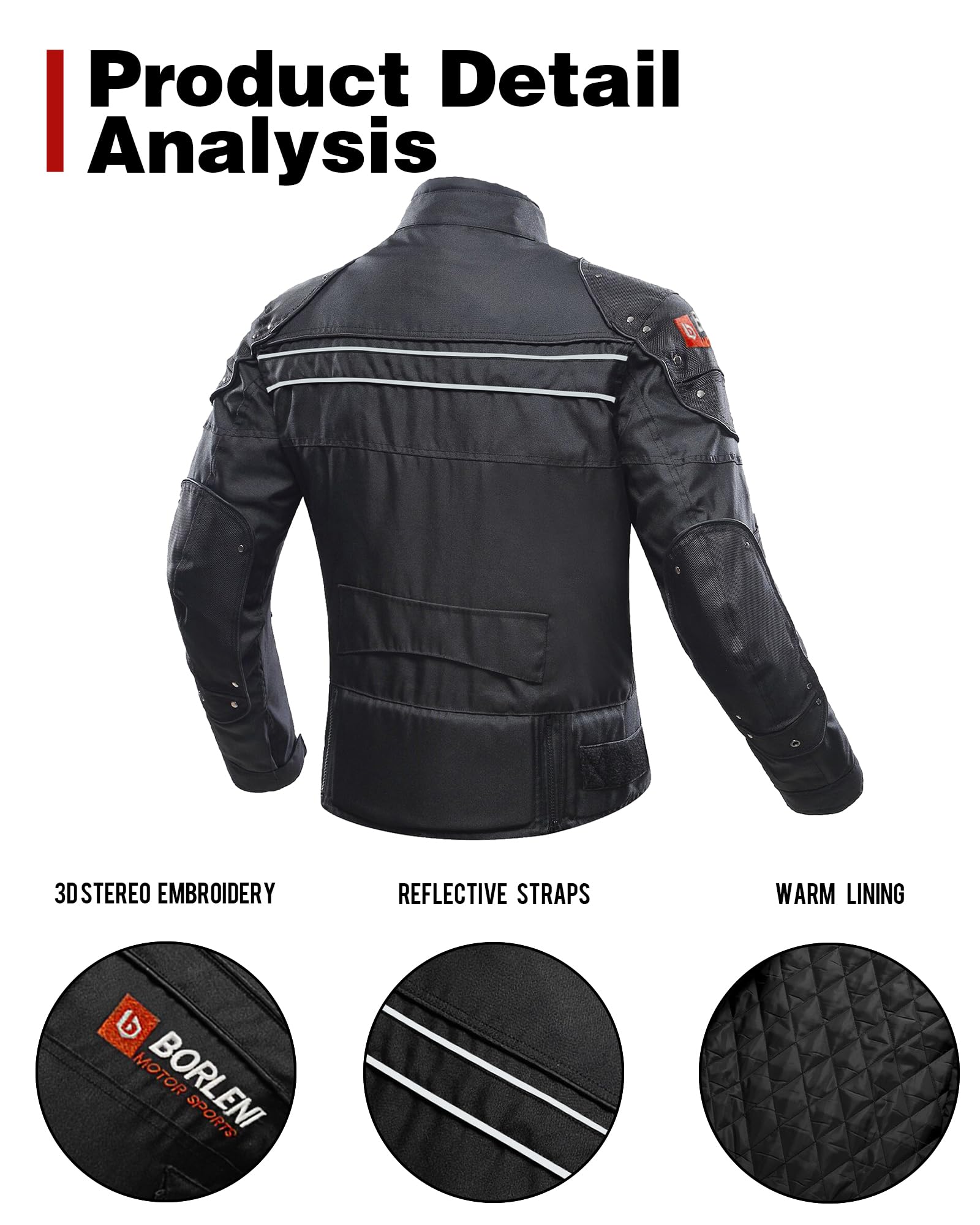 BORLENI jacket with CE shoulder and elbow protectors for enhanced impact protection.