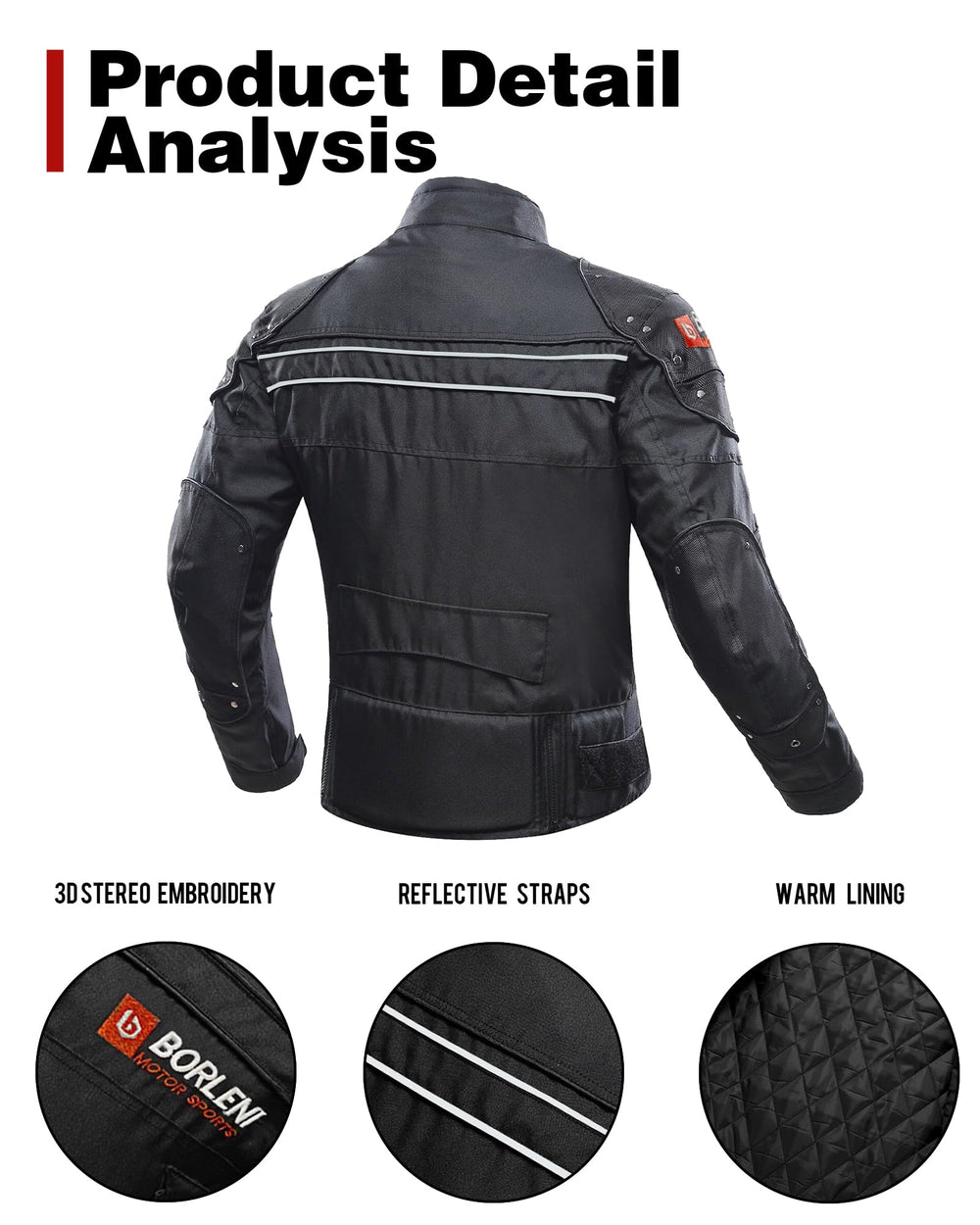BORLENI jacket with CE shoulder and elbow protectors for enhanced impact protection.
