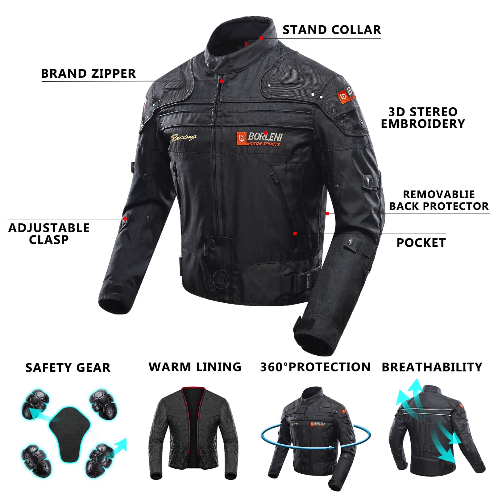 BORLENI motorcycle jacket elbow protector detail supports confident riding.