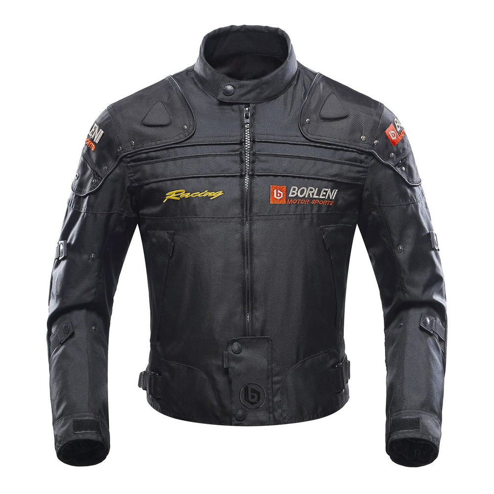 BORLENI motorcycle jacket front view showing windproof 600D fabric for all-season riding.