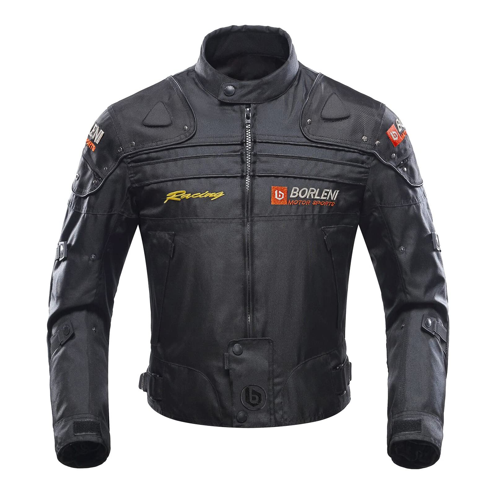 Borleni motorcycle jacket front view showing windproof design for all-season riding
