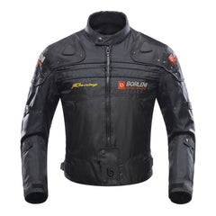Borleni motorcycle jacket front view showing windproof design for all-season riding