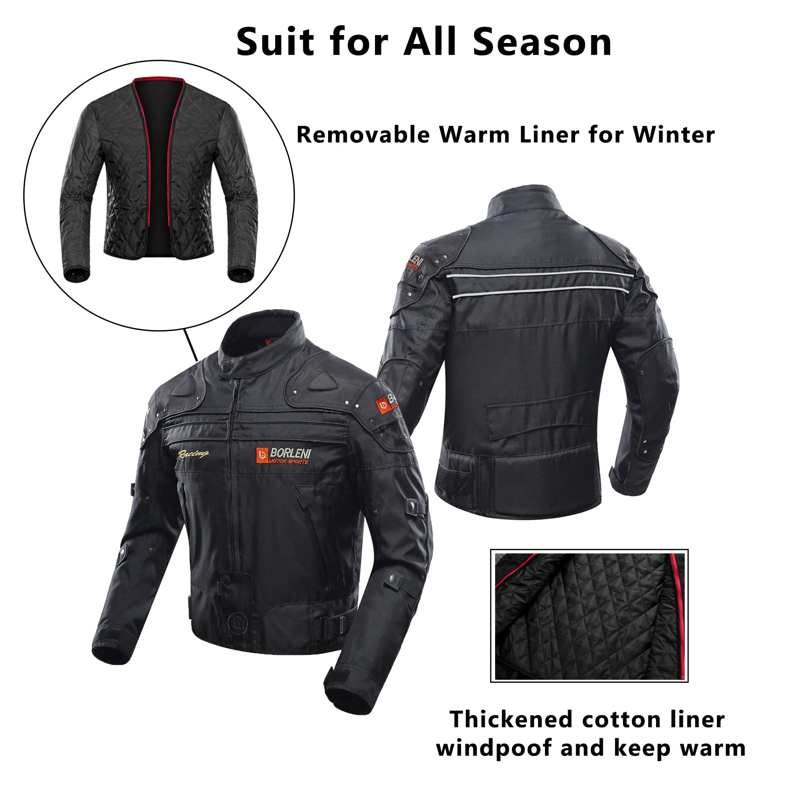 BORLENI motorcycle jacket removable liner demonstrates adaptability for cold and warm weather.