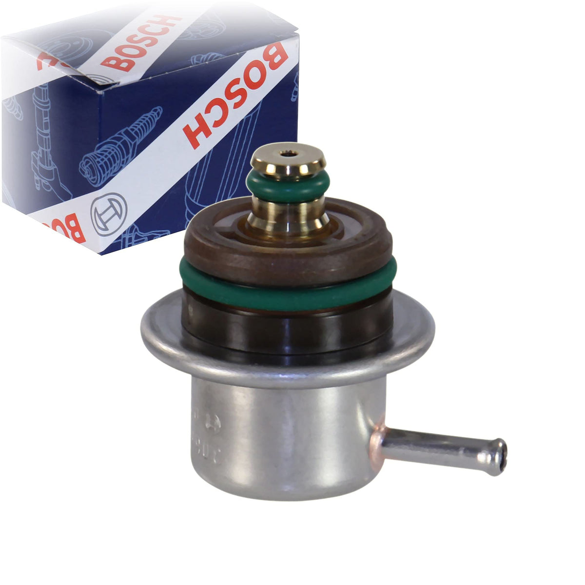 Bosch fuel pressure regulator top view highlighting design for stable fuel flow