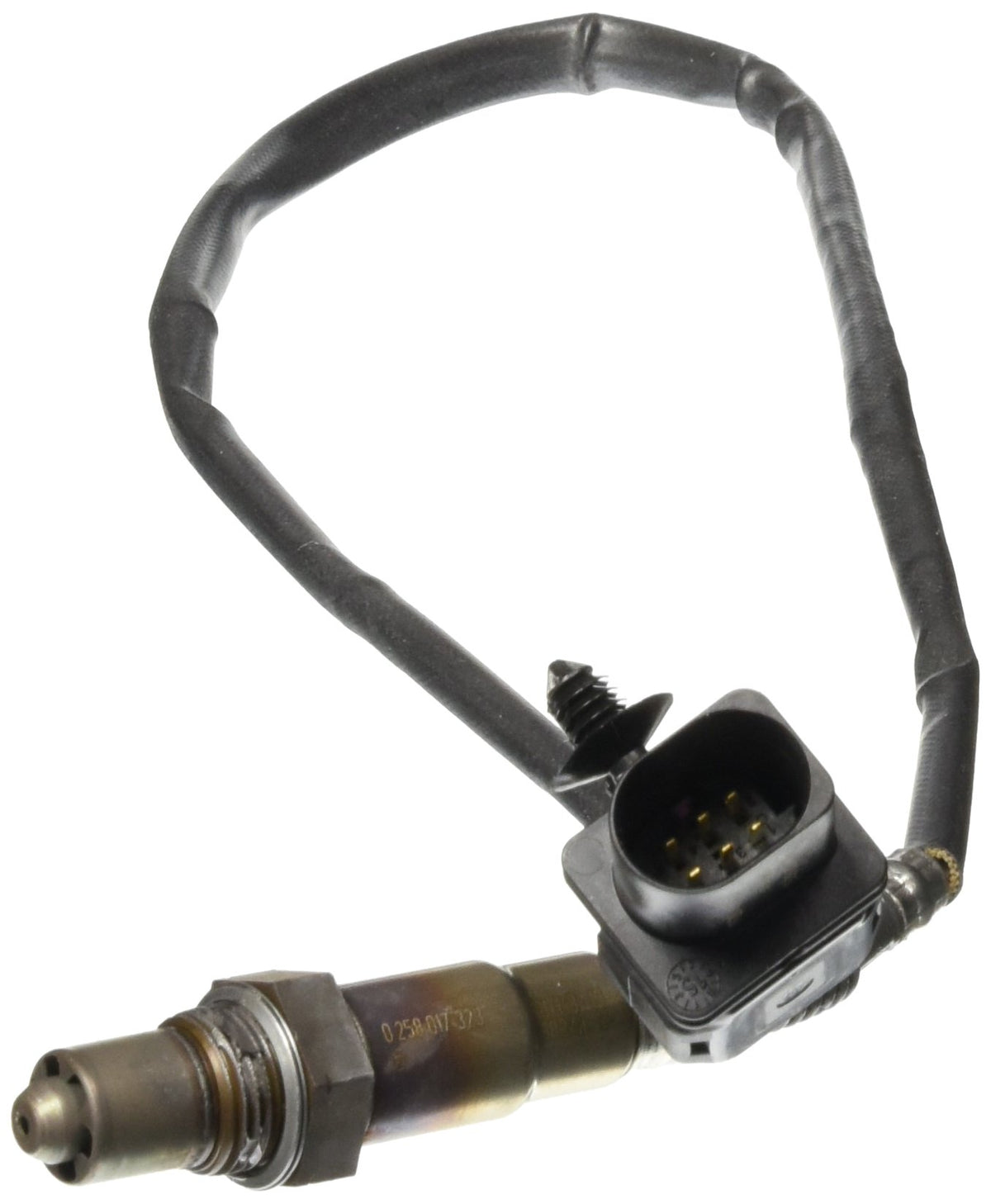 Bosch 17323 oxygen sensor close-up—durable stainless steel body for long service life.
