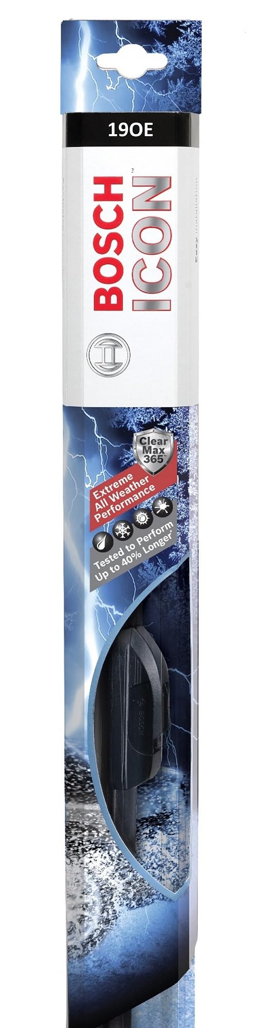 Bosch ICON 19OE beam wiper edge close-up highlighting durable ClearMax 365 rubber.