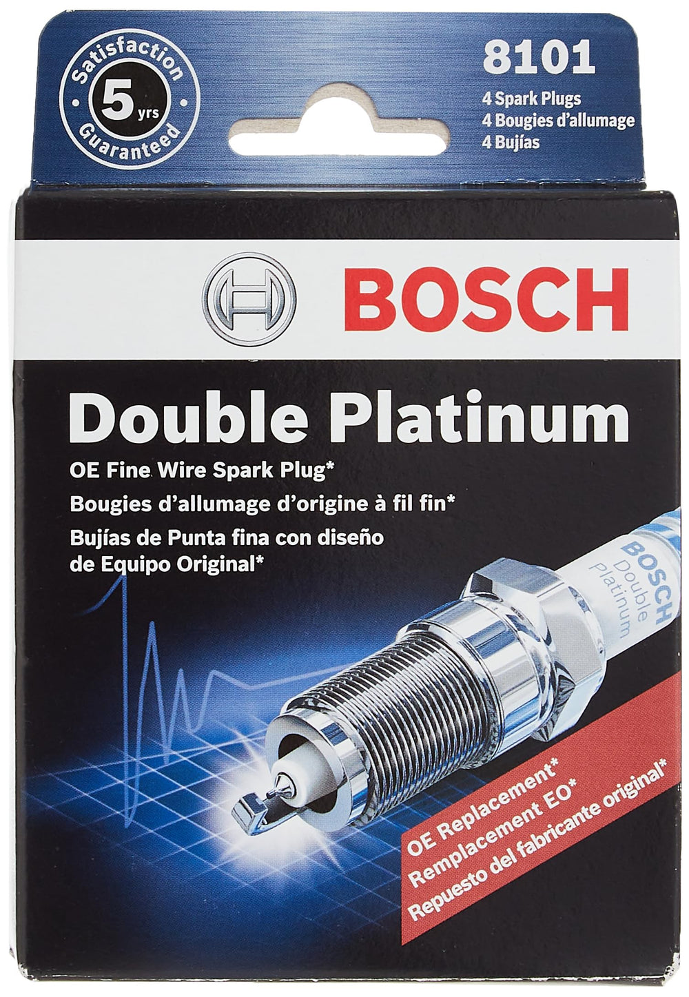 Bosch 8101 spark plugs in box showing factory pre-gap for easy installation.