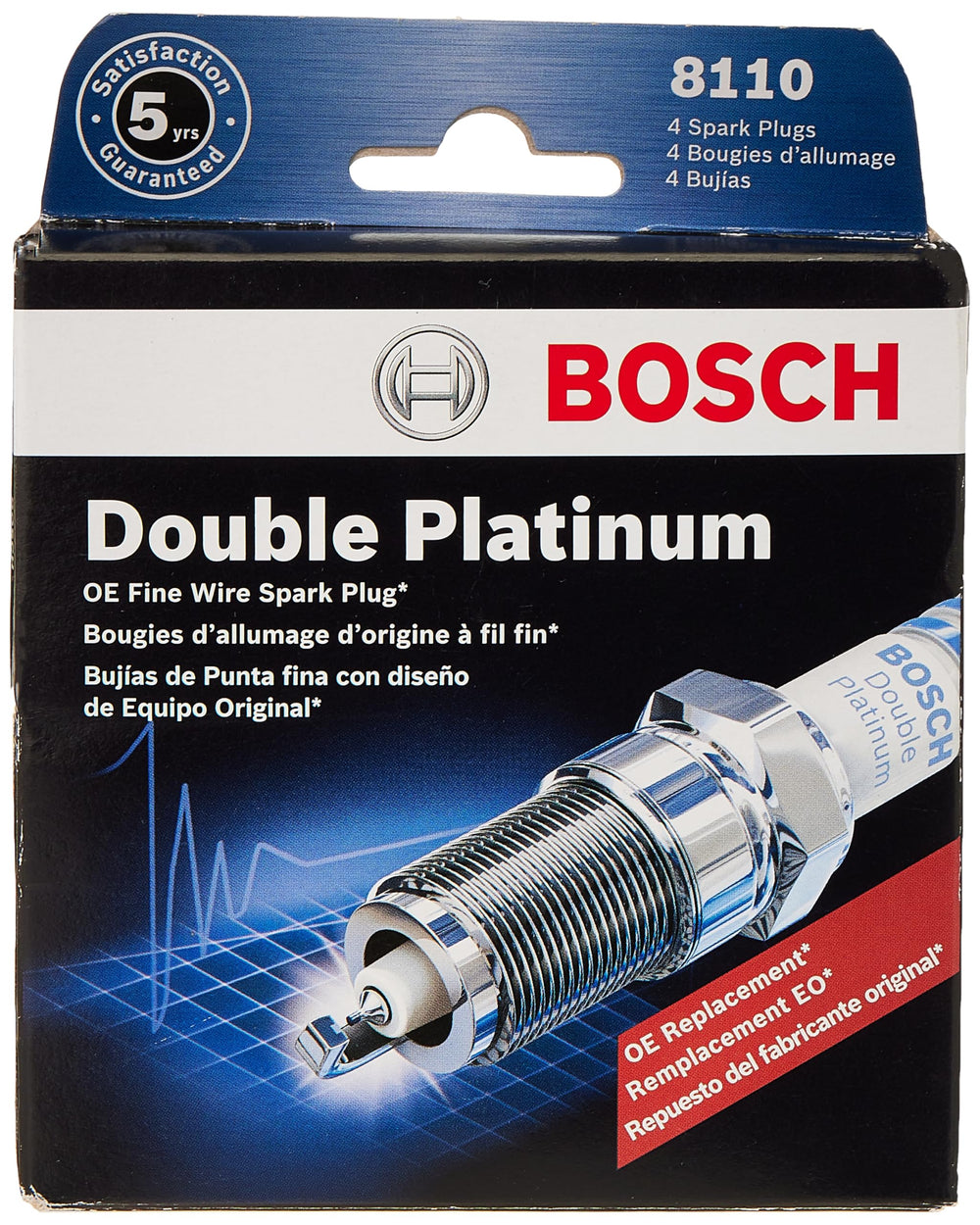 Bosch 8110 spark plug closeup with fine wire platinum core enhancing ignitability