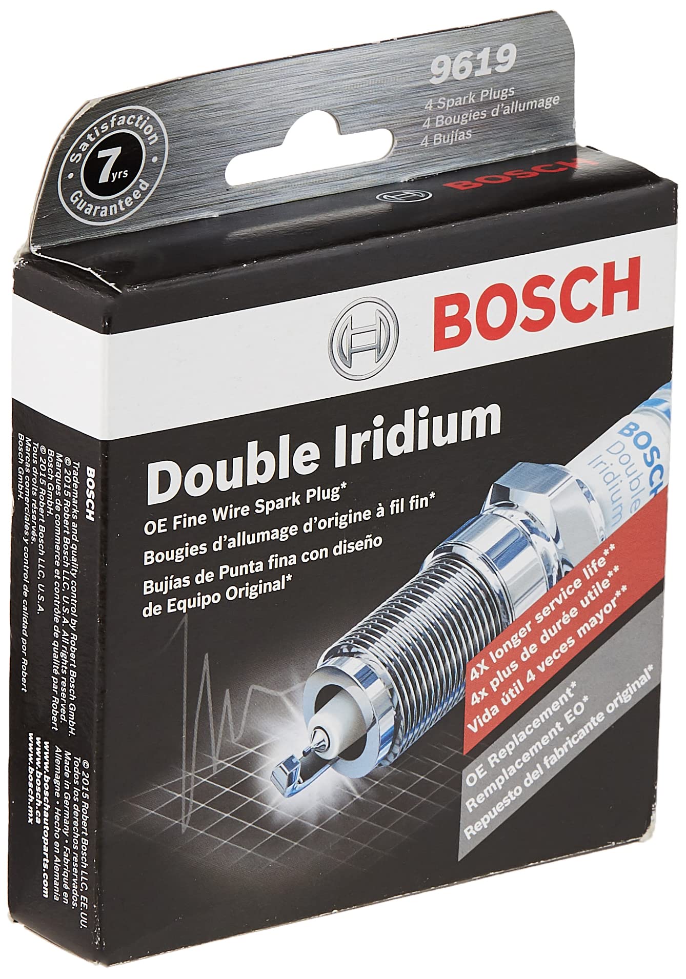Bosch 9619 OE pack of 4 spark plugs arranged for display and reference
