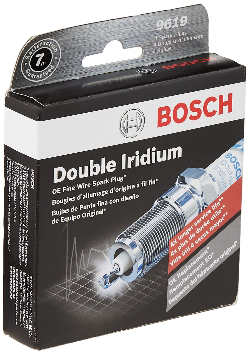 Bosch 9619 OE pack of 4 spark plugs arranged for display and reference