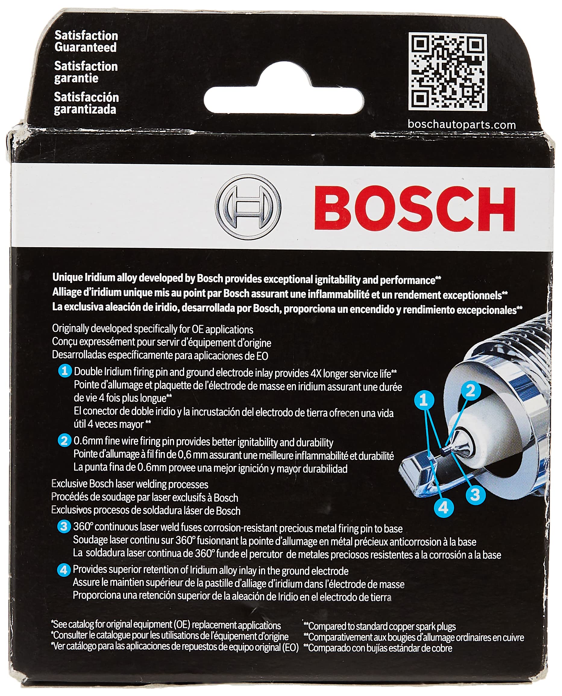 Bosch 9619 OE spark plugs in box demonstrates easy installation and corrosion resistance