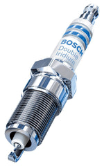 Bosch 9697OE fine-wire spark plug close-up showing iridium electrodes for long life