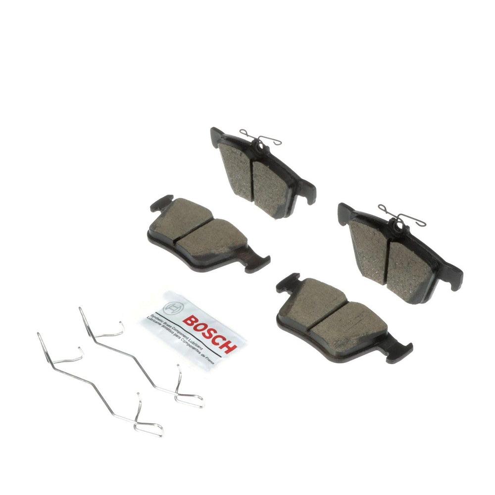 Bosch BC1761 QuietCast rear brake pad set with hardware, shown for quiet operation and low dust benefits