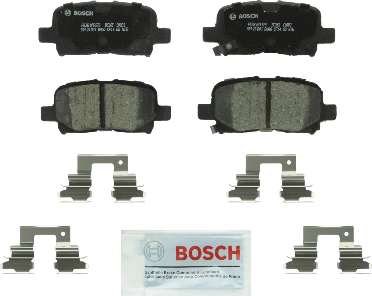 Bosch BC865 QuietCast rear brake pads for Acura MDX, Honda Odyssey, and Honda Pilot, delivering quiet stopping power.