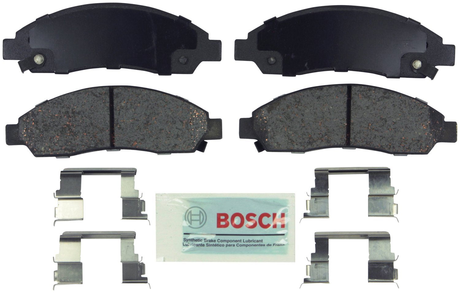 Bosch BE1039H blue disc brake pad front view showing ceramic friction for quiet stops.