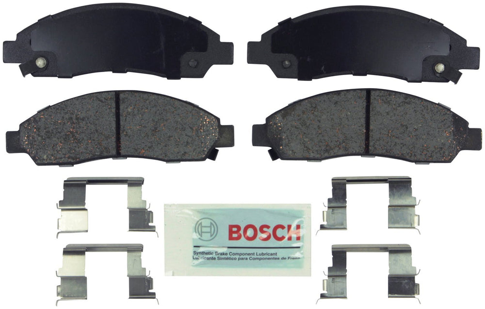 Bosch BE1039H blue disc brake pad front view showing ceramic friction for quiet stops.