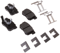 Bosch BE1086H blue ceramic brake pads rear view with hardware for easy installation.