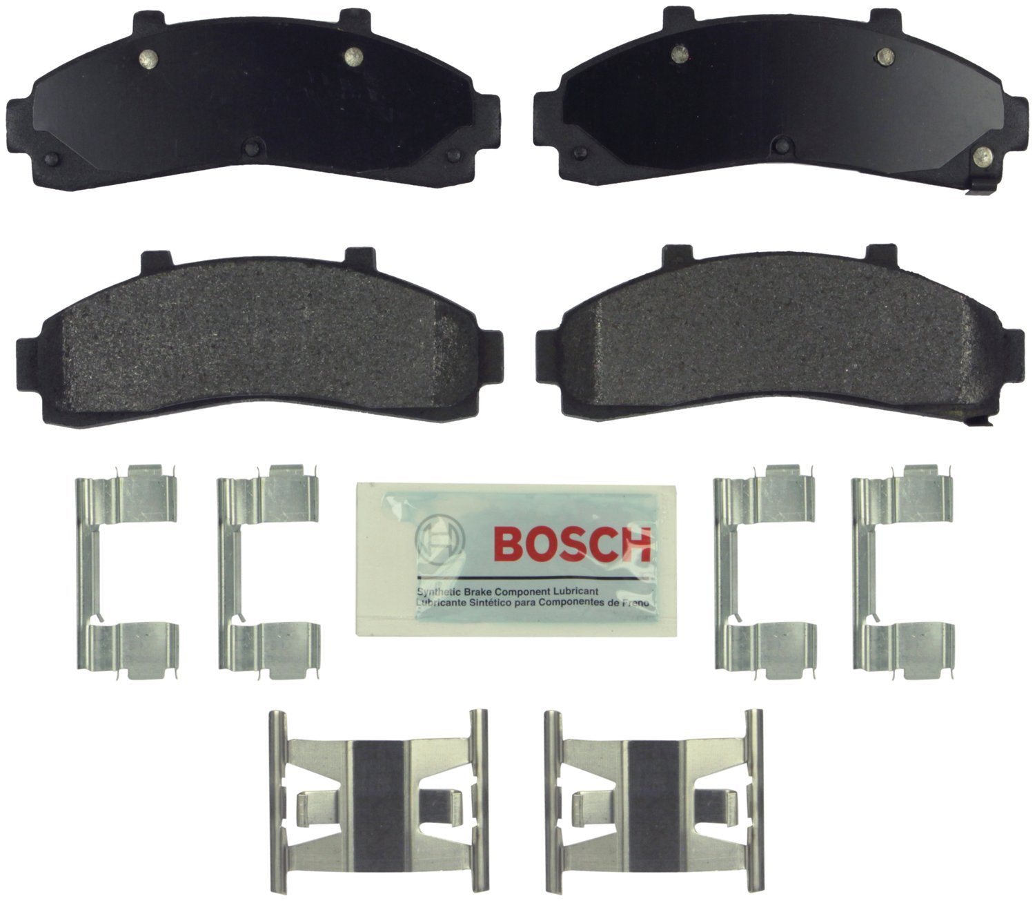 Bosch BE652H front brake pads with hardware for smooth, quiet stopping.
