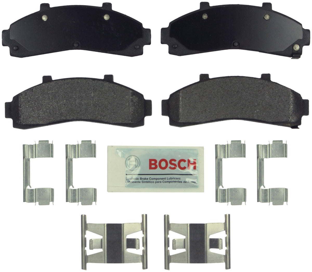 Bosch BE652H front brake pads with hardware for smooth, quiet stopping.