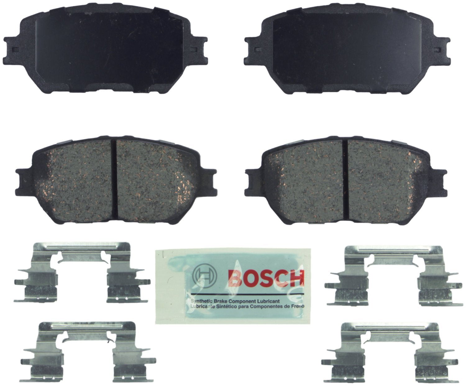 Bosch BE908H front brake pads with hardware for quiet stops and easy installation.