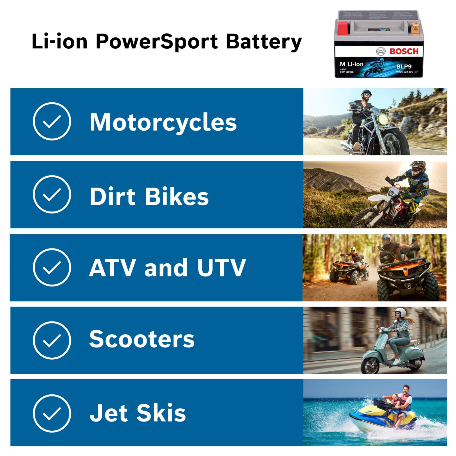 Bosch BLP20L compatibility with motorcycles, ATVs, jet skis and more.