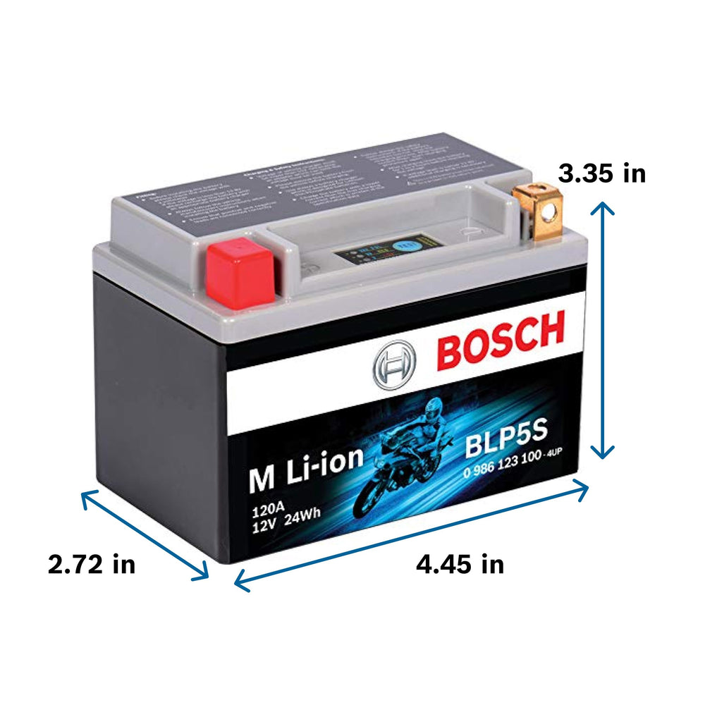 Bosch BLP5S battery status indicator shows remaining power at a glance.