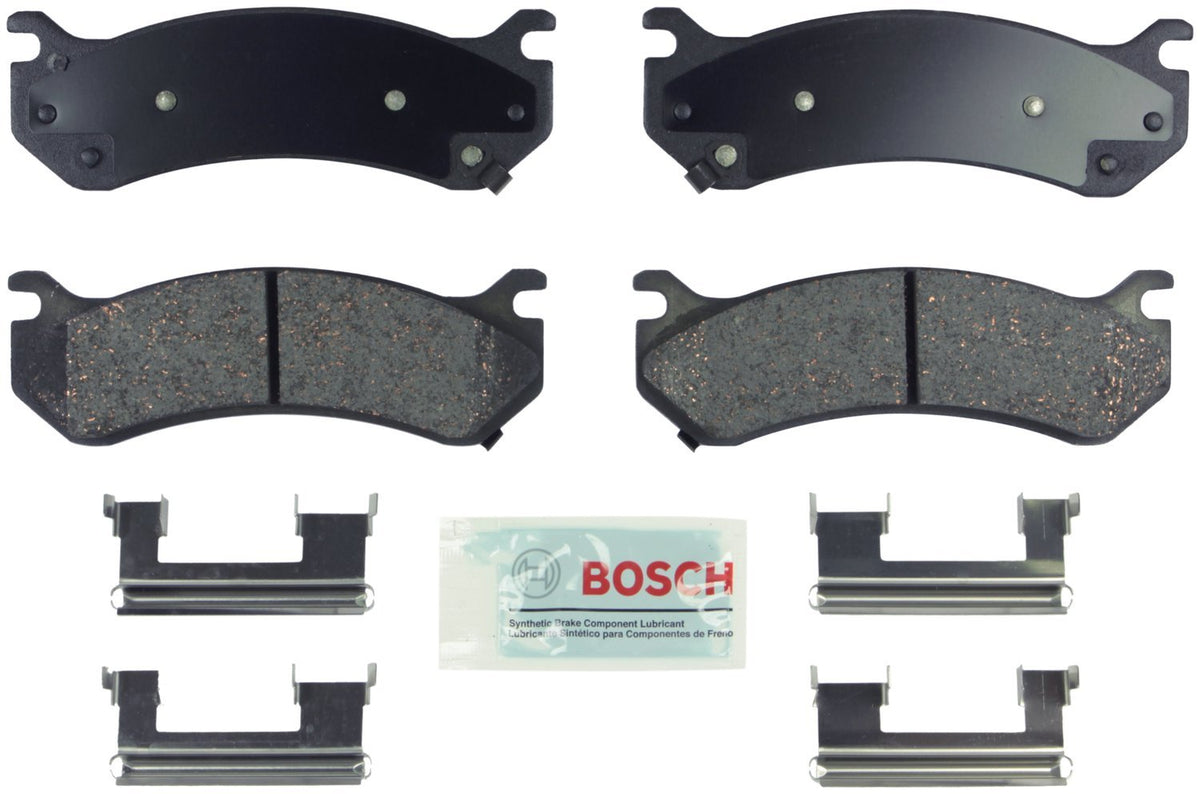 Bosch Blue ceramic disc brake pads with hardware, front view; designed for quieter stops.