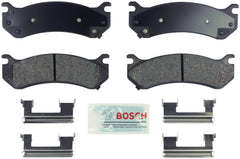 Bosch Blue ceramic disc brake pads with hardware, front view; designed for quieter stops.