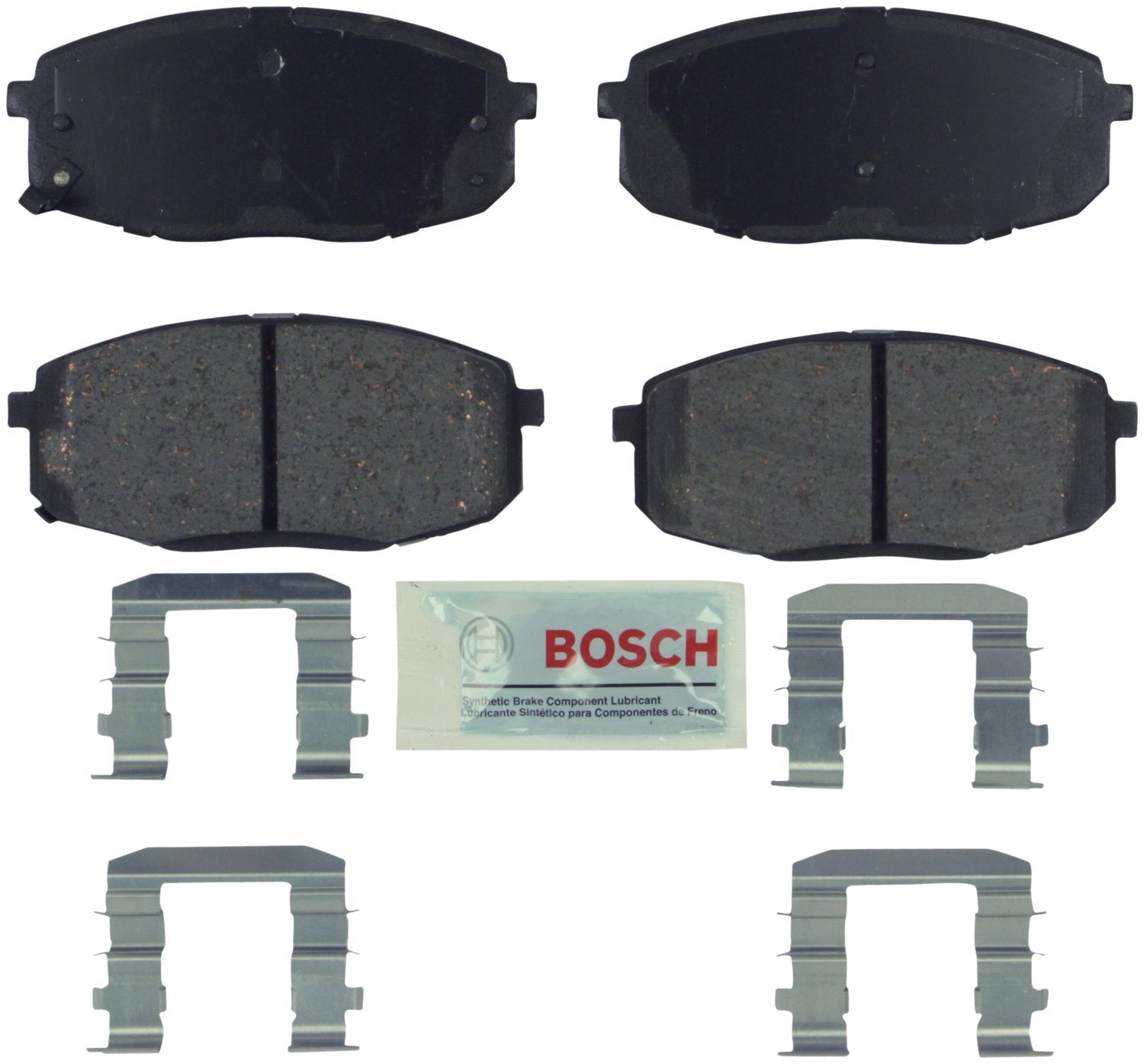 Bosch BE1397H blue ceramic brake pads front view with hardware for quiet stops