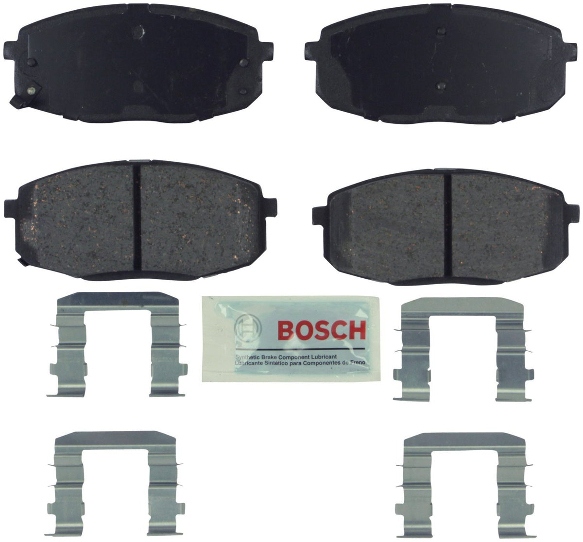 Bosch BE1397H blue ceramic brake pads front view with hardware for quiet stops