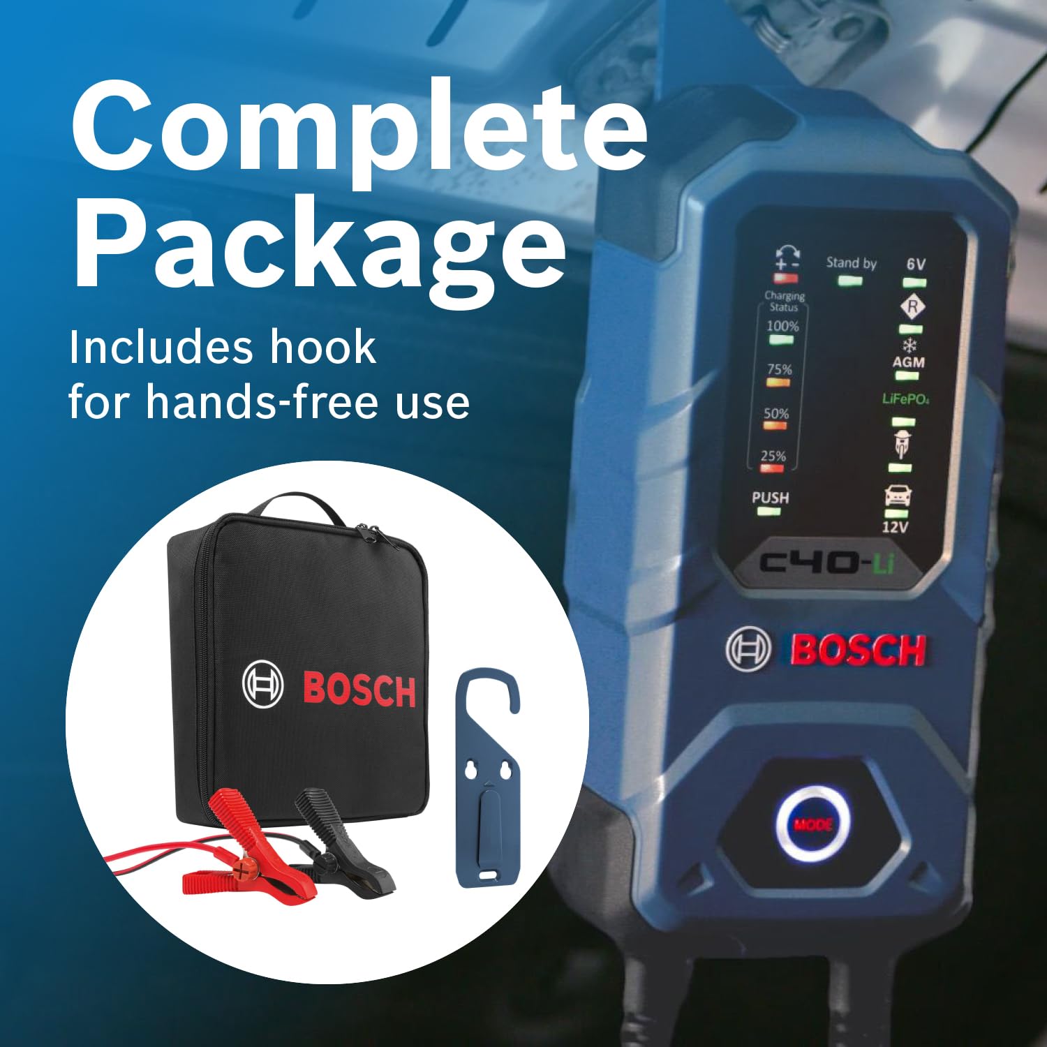Bosch C40-Li includes cables, clamps, and a wall-mount hook for easy setup.