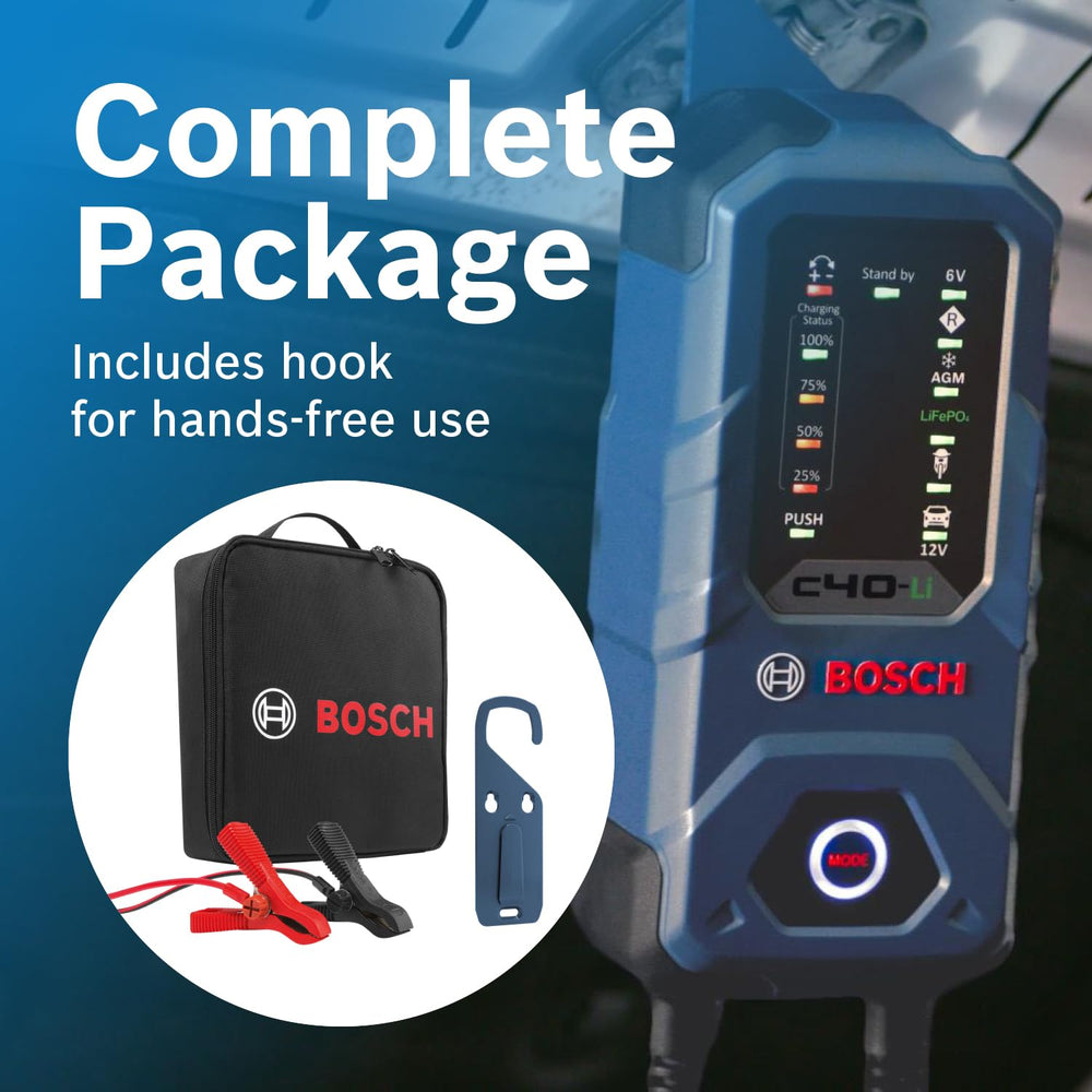 Bosch C40-Li includes cables, clamps, and a wall-mount hook for easy setup.