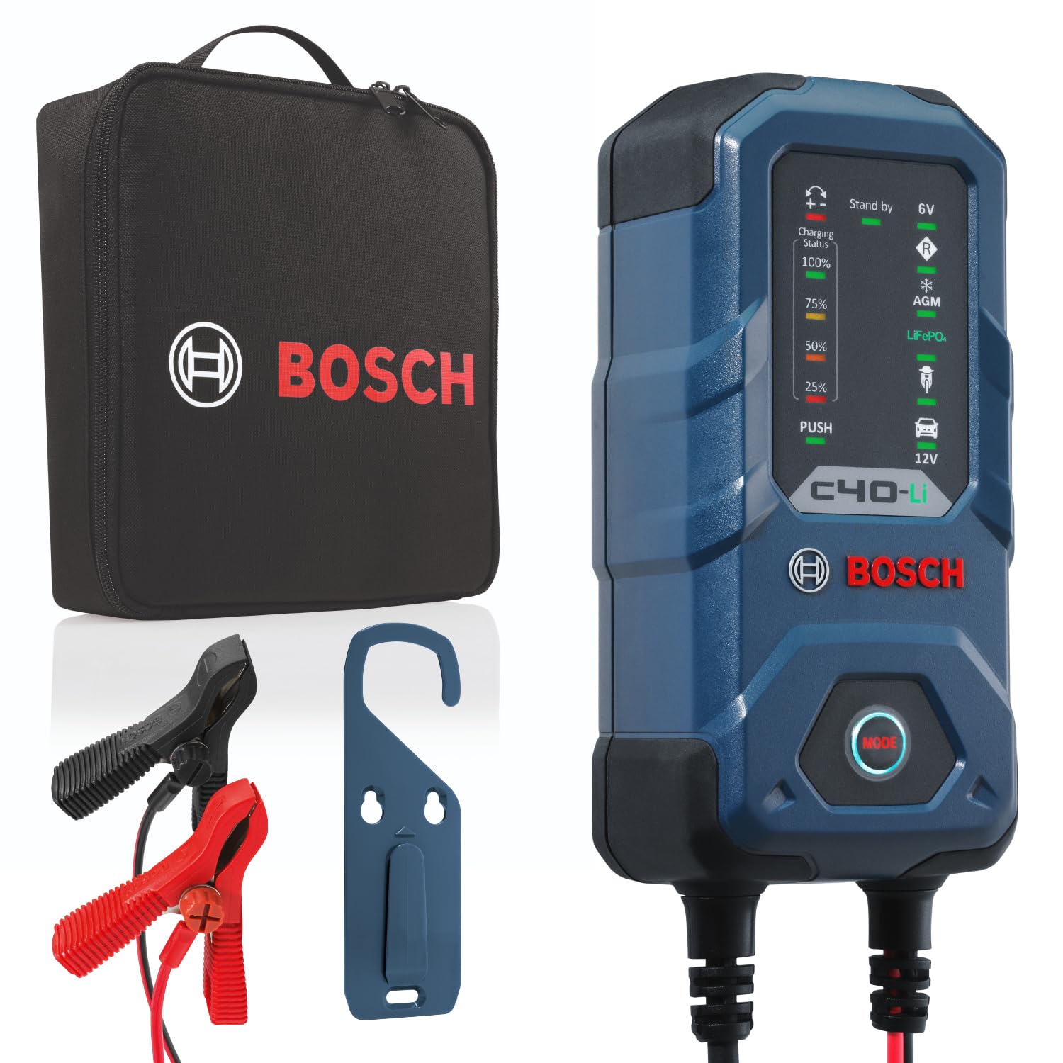 Bosch C40-Li overview showing universal charger for LiFePO4 and lead-acid batteries.
