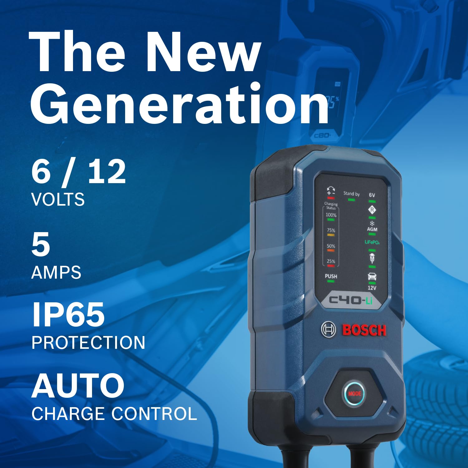 Bosch C40-Li safety protections guard against reverse polarity and short circuits.