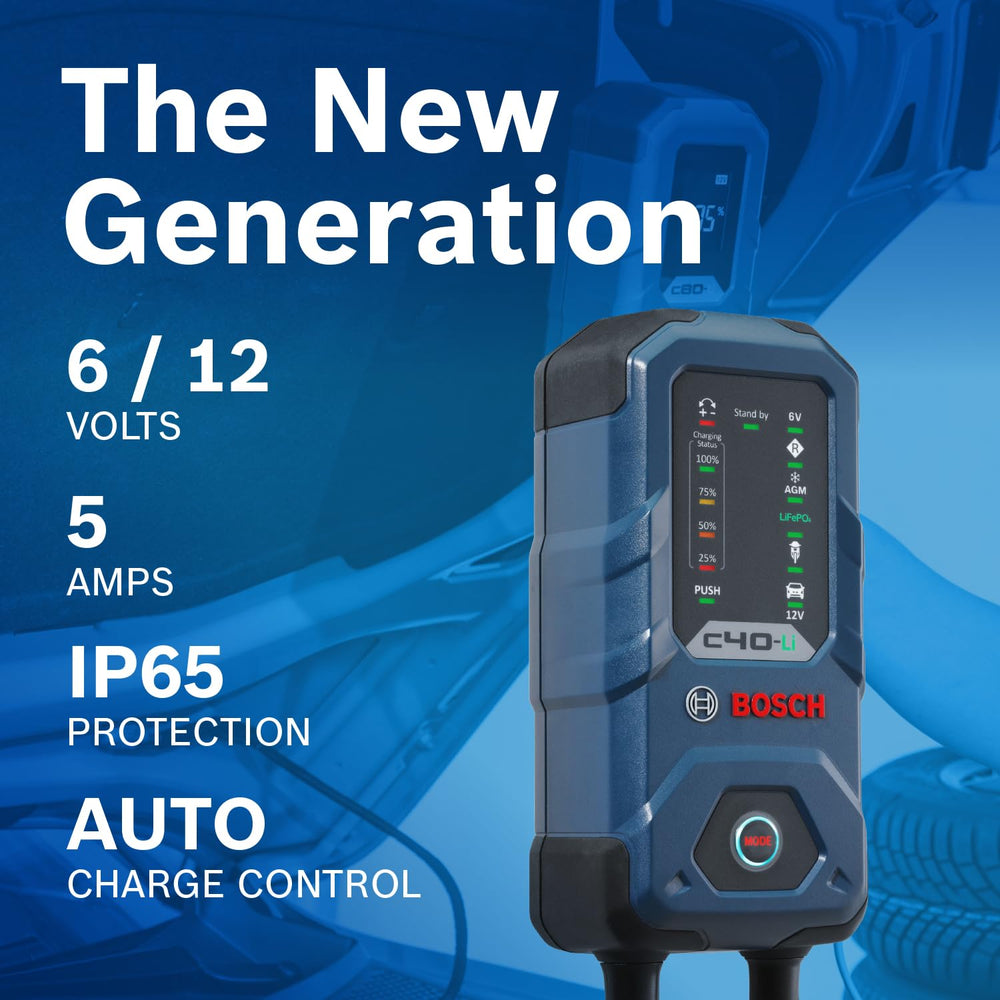 Bosch C40-Li safety protections guard against reverse polarity and short circuits.