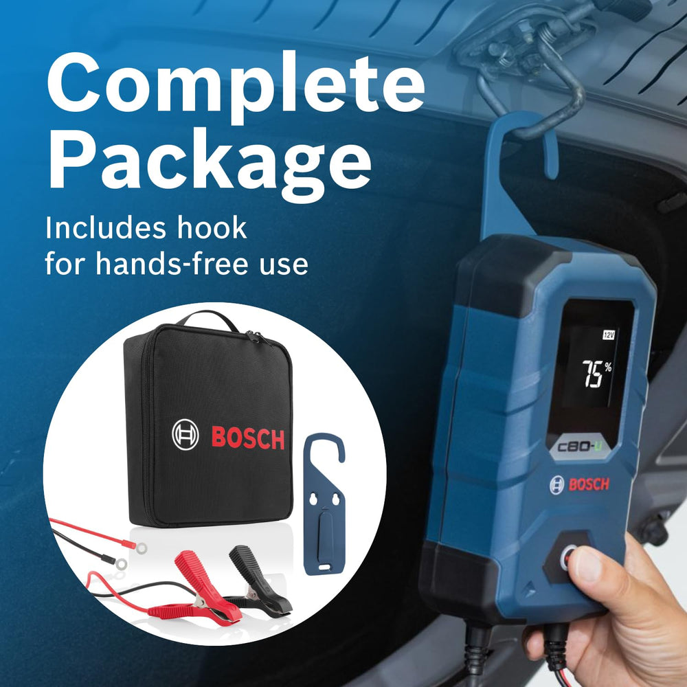 Bosch C80-Li supports LiFePO4, lead-acid, AGM, GEL, EFB, and SLI batteries.