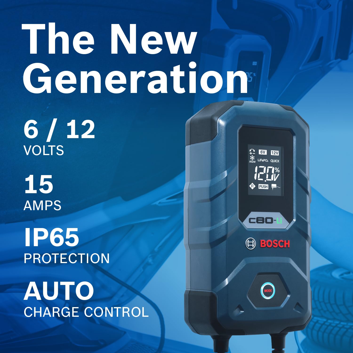 Bosch C80-Li IP65 rating protects against dust and water for outdoor use.
