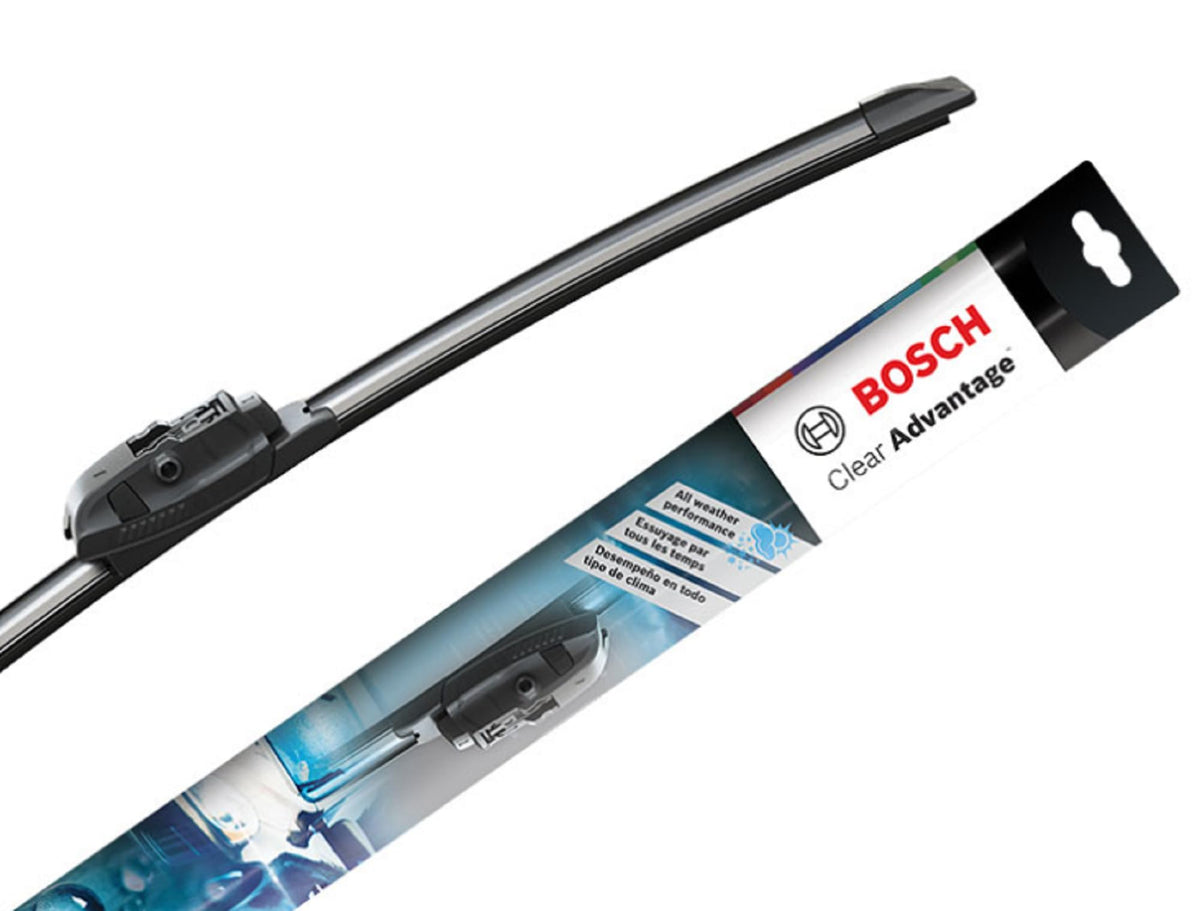 Bosch Clear Advantage beam wiper blade close-up highlighting patent design for all-weather wiping.