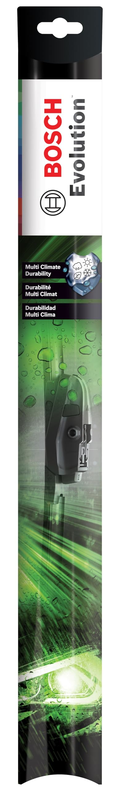 Bosch EVO18 Evolution beam wiper blade front view highlighting all-weather visibility